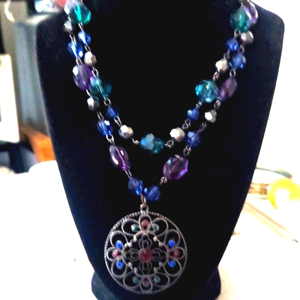 Chunky Multi Stone Layered Statement Medallion Pe… - image 2